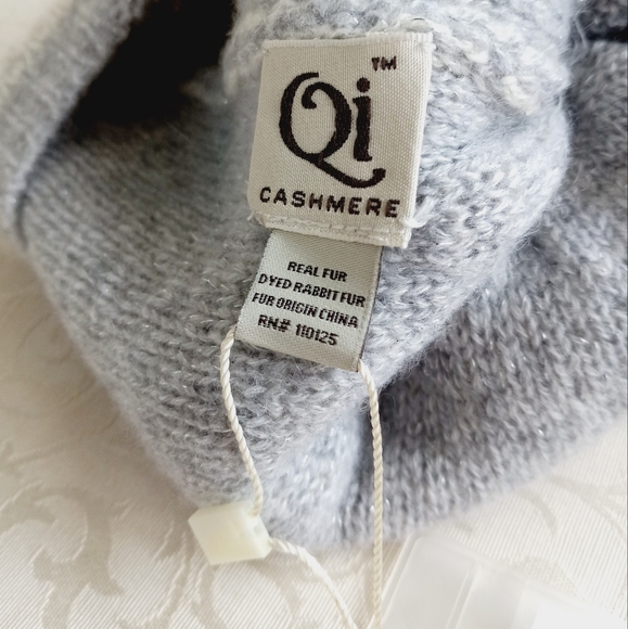 Qi Cashmere Honeycomb Two Tone Cashmere Beanie Rabbit Fur Pom Pom OS - Picture 4 of 10